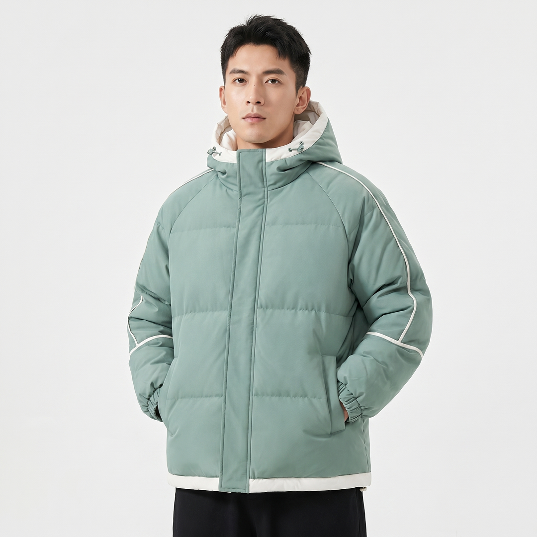 Men's Hooded Puffer Jacket Contrast Trim Quilted Winter Coat Oversized Fit