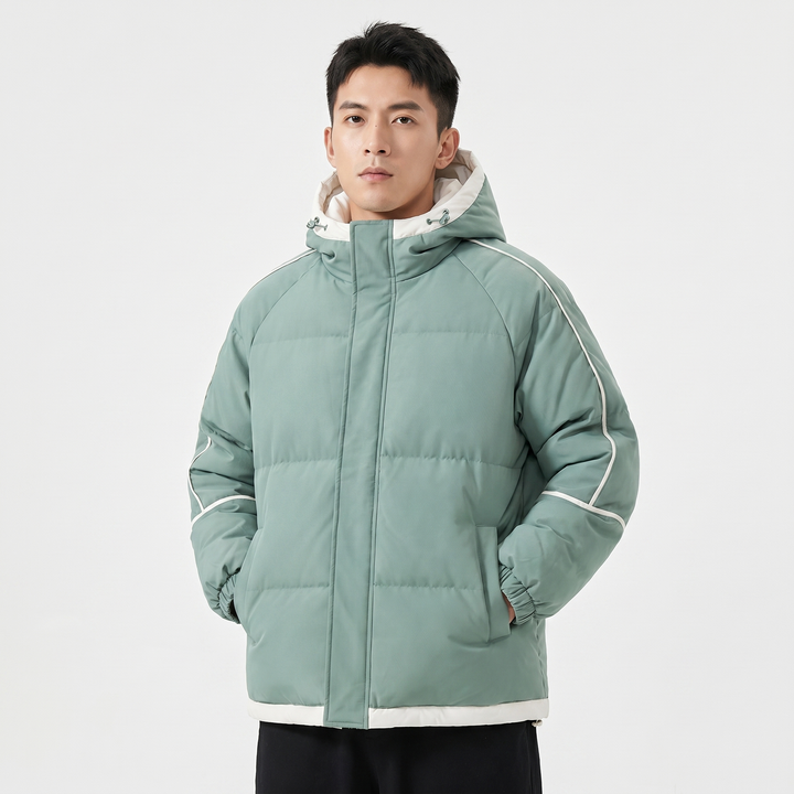 Men's Hooded Puffer Jacket Contrast Trim Quilted Winter Coat Oversized Fit