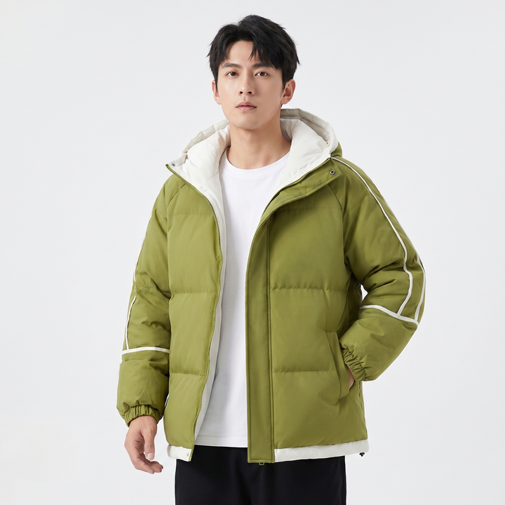 Men's Hooded Puffer Jacket Contrast Trim Quilted Winter Coat Oversized Fit