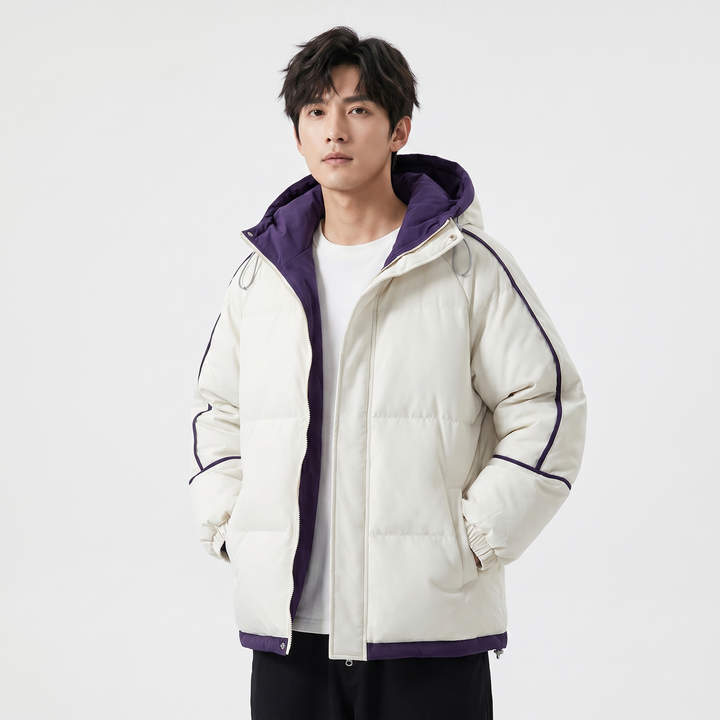 Men's Hooded Puffer Jacket Contrast Trim Quilted Winter Coat Oversized Fit
