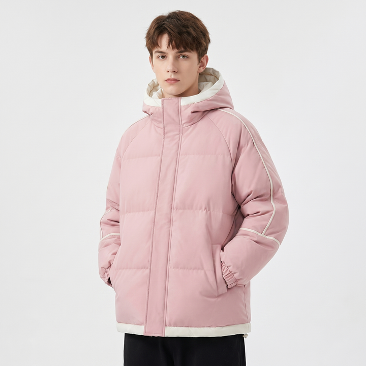 Men's Hooded Puffer Jacket Contrast Trim Quilted Winter Coat Oversized Fit