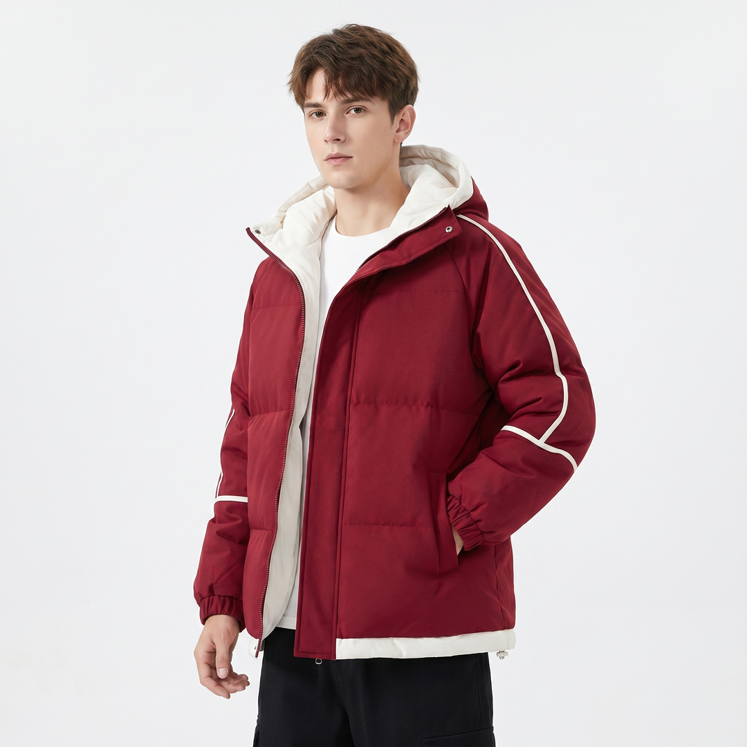 Men's Hooded Puffer Jacket Contrast Trim Quilted Winter Coat Oversized Fit