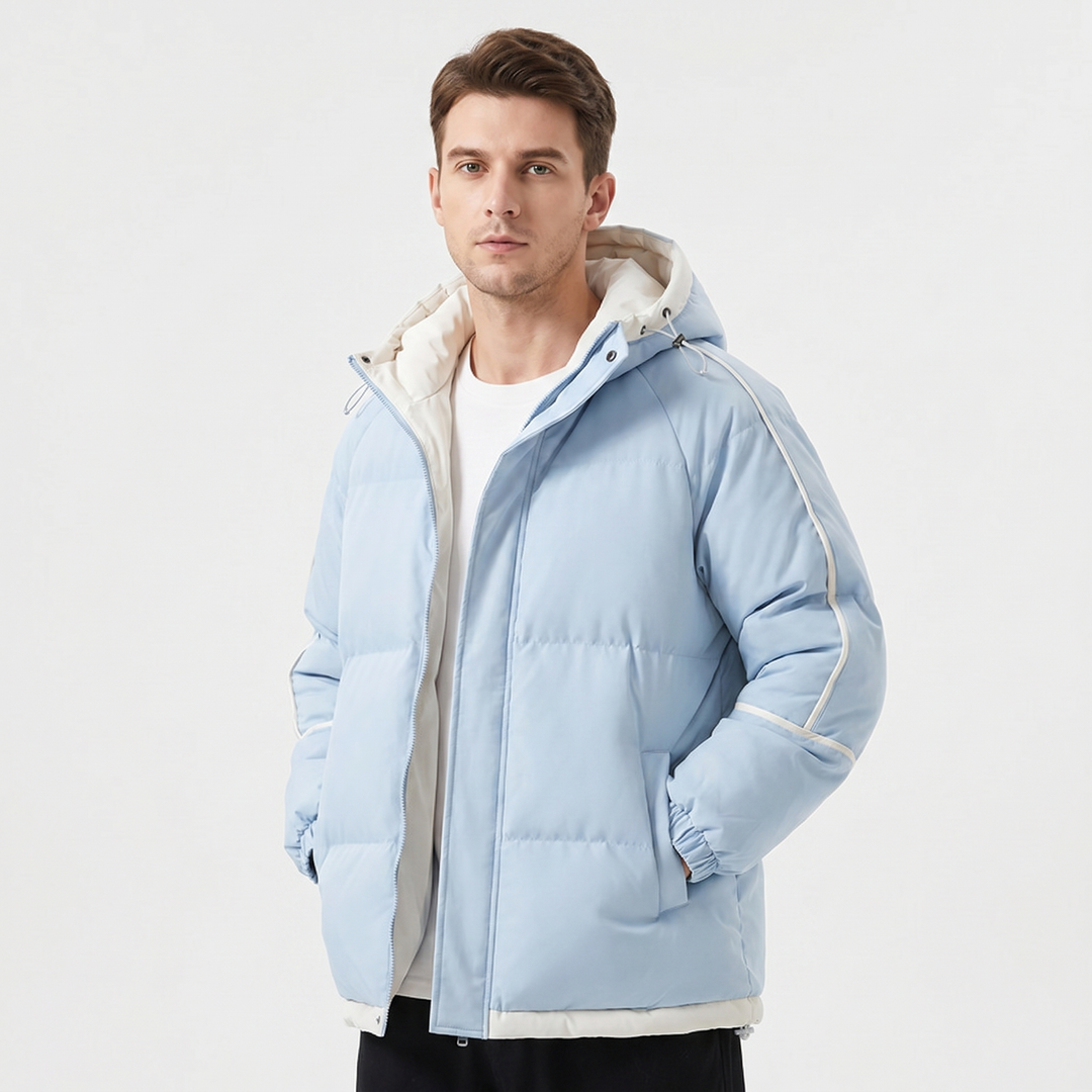 Men's Hooded Puffer Jacket Contrast Trim Quilted Winter Coat Oversized Fit