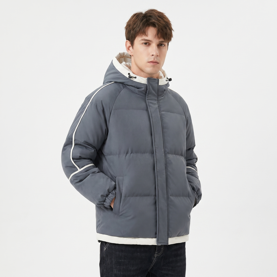 Men's Hooded Puffer Jacket Contrast Trim Quilted Winter Coat Oversized Fit