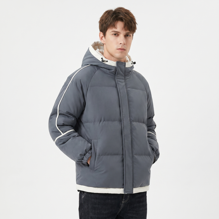 Men's Hooded Puffer Jacket Contrast Trim Quilted Winter Coat Oversized Fit