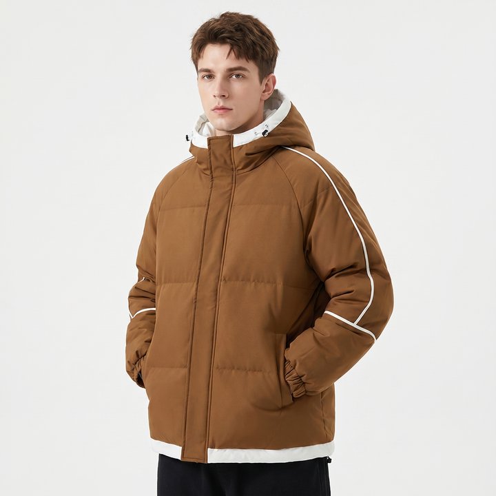 Men's Hooded Puffer Jacket Contrast Trim Quilted Winter Coat Oversized Fit