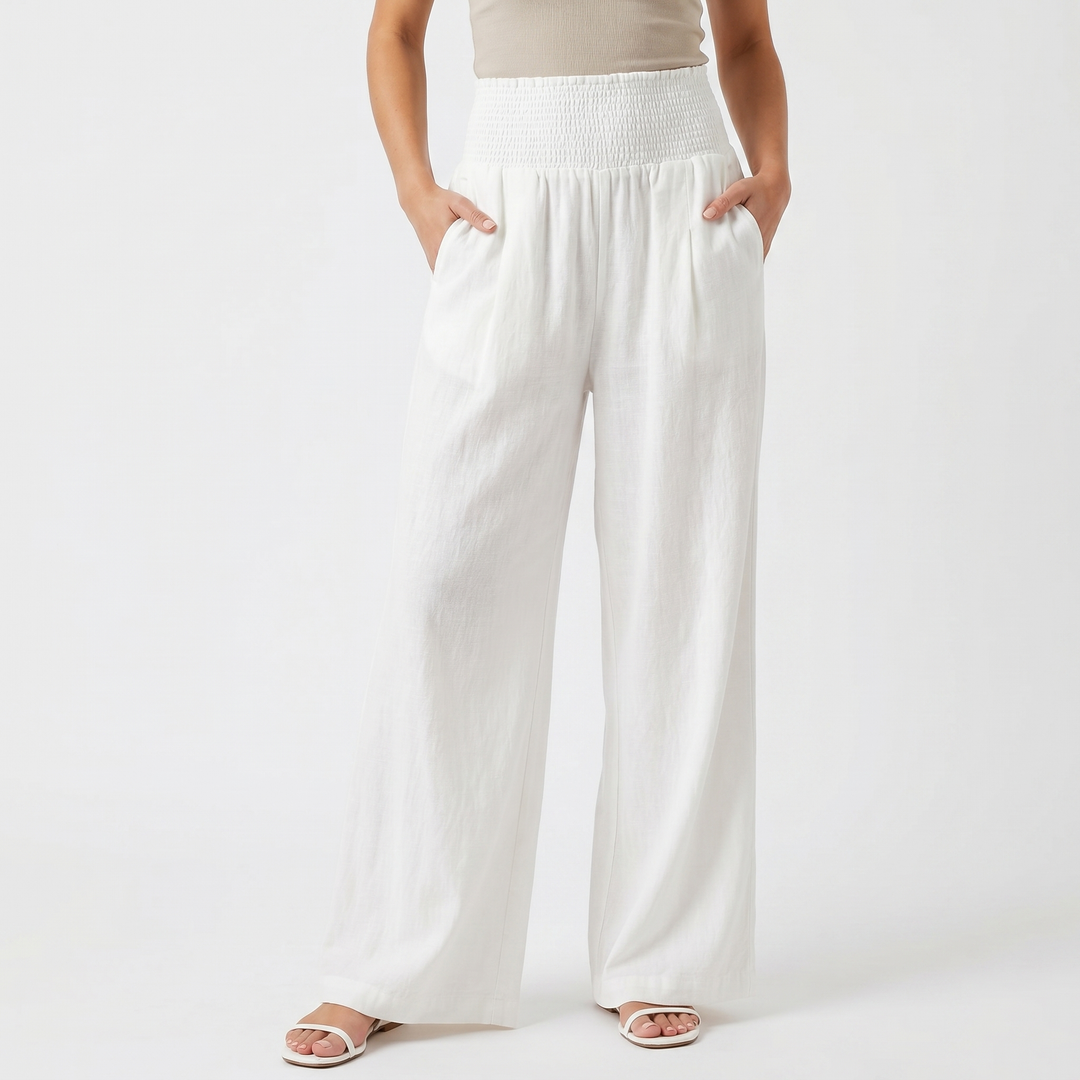 Women's Linen Wide-Leg Trousers Smocked High Waist Pleated Casual Beach Pants
