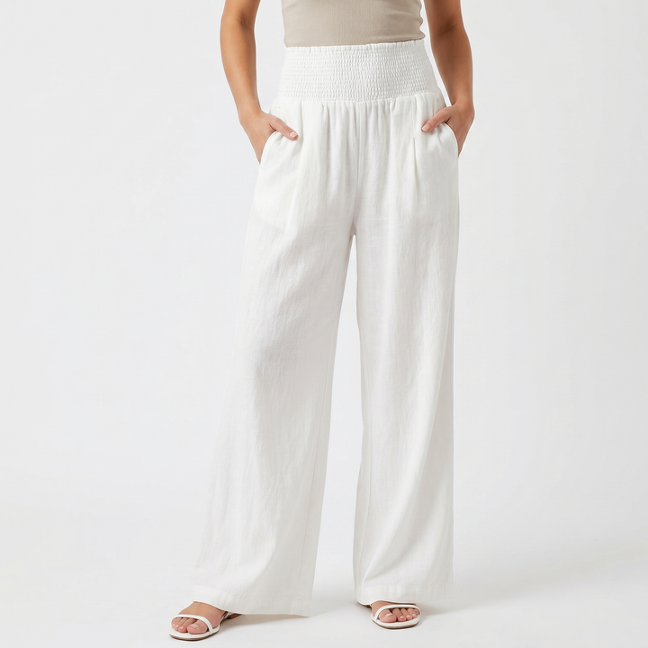 Women's Linen Wide-Leg Trousers Smocked High Waist Pleated Casual Beach Pants