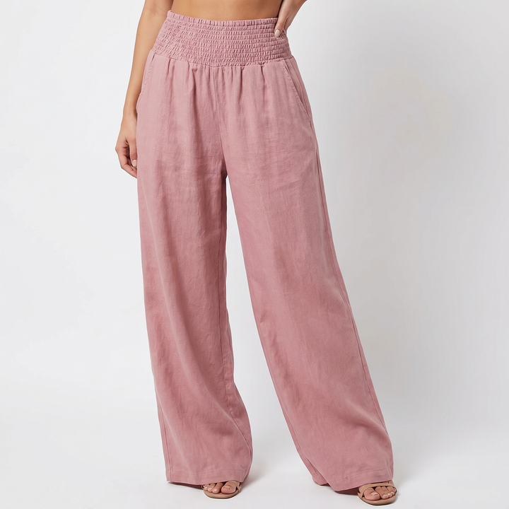 Women's Linen Wide-Leg Trousers Smocked High Waist Pleated Casual Beach Pants