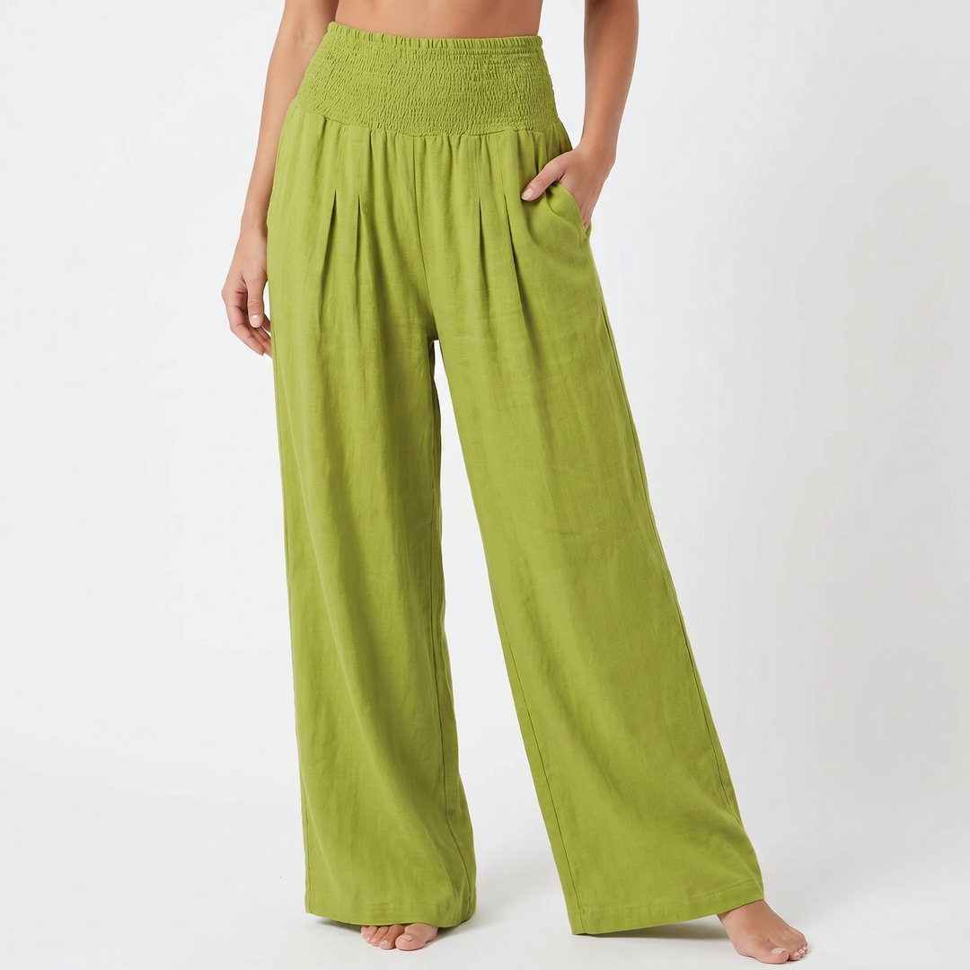 Women's Linen Wide-Leg Trousers Smocked High Waist Pleated Casual Beach Pants