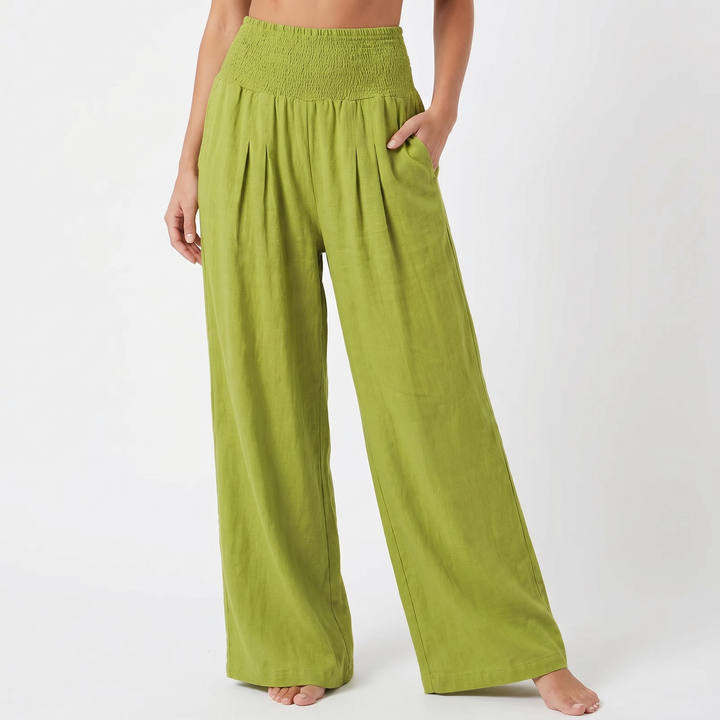 Women's Linen Wide-Leg Trousers Smocked High Waist Pleated Casual Beach Pants