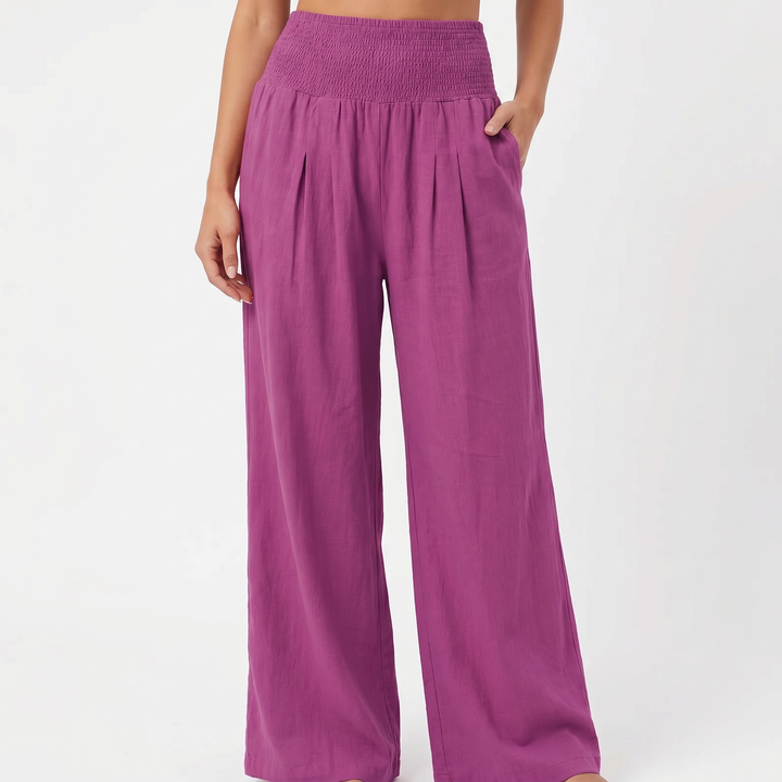 Women's Linen Wide-Leg Trousers Smocked High Waist Pleated Casual Beach Pants