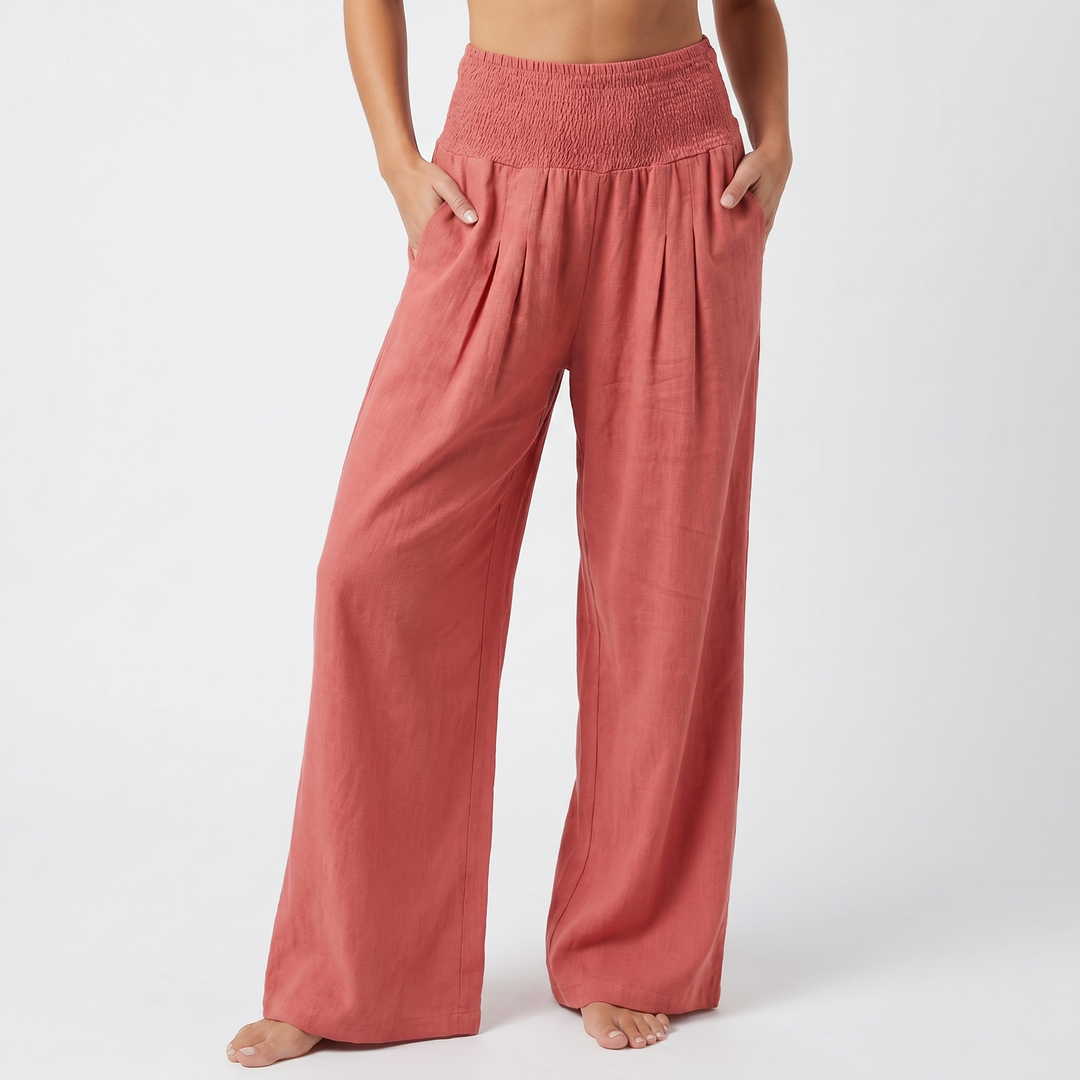 Women's Linen Wide-Leg Trousers Smocked High Waist Pleated Casual Beach Pants