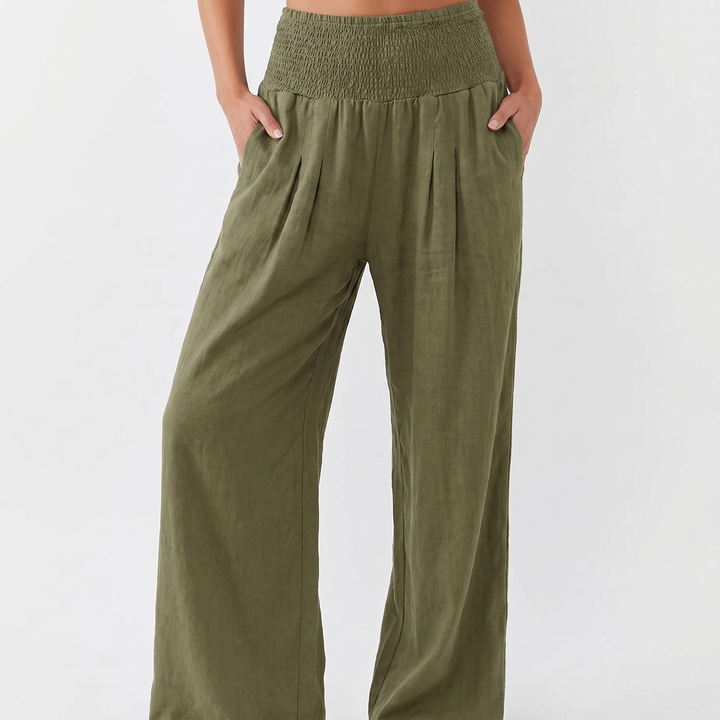 Women's Linen Wide-Leg Trousers Smocked High Waist Pleated Casual Beach Pants