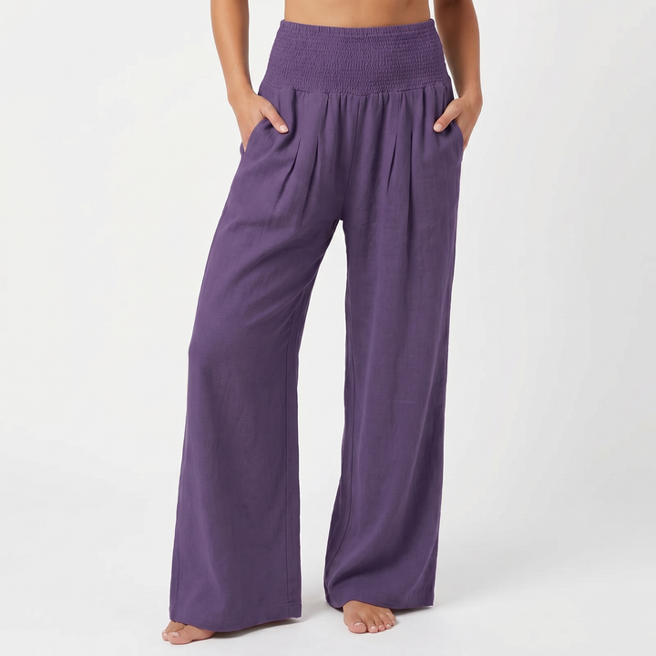 Women's Linen Wide-Leg Trousers Smocked High Waist Pleated Casual Beach Pants