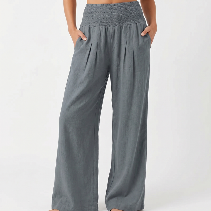 Women's Linen Wide-Leg Trousers Smocked High Waist Pleated Casual Beach Pants