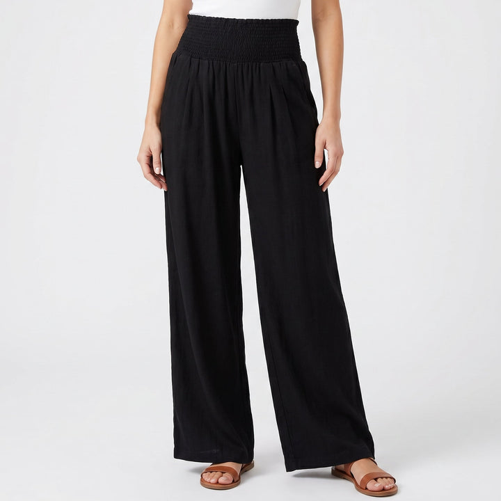 Women's Linen Wide-Leg Trousers Smocked High Waist Pleated Casual Beach Pants