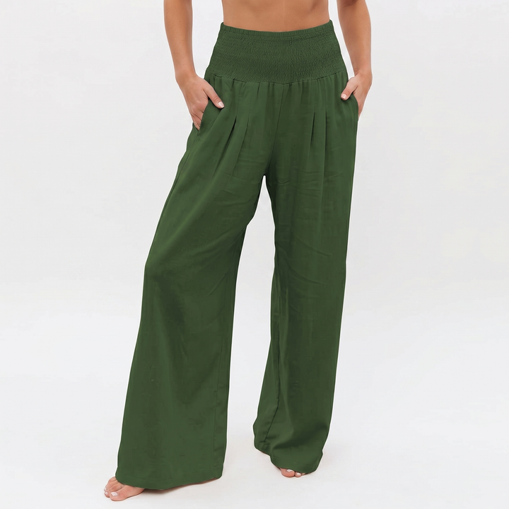 Women's Linen Wide-Leg Trousers Smocked High Waist Pleated Casual Beach Pants