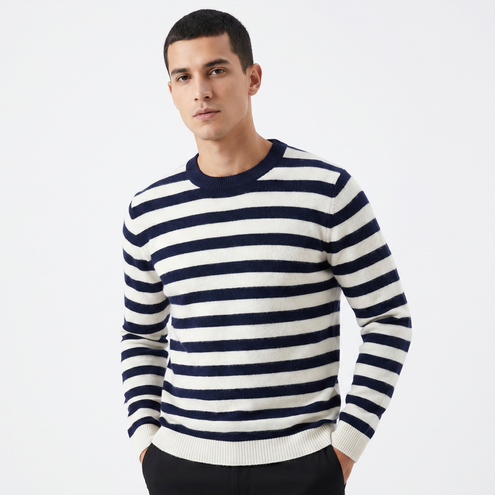 Men's Striped Knit Sweater Crew Neck Breton Stripe Pullover Casual Jumper