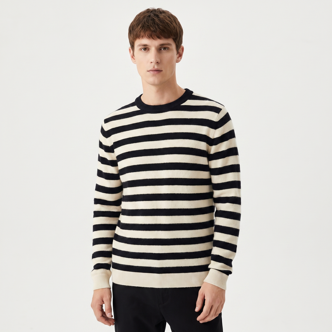 Men's Striped Knit Sweater Crew Neck Breton Stripe Pullover Casual Jumper