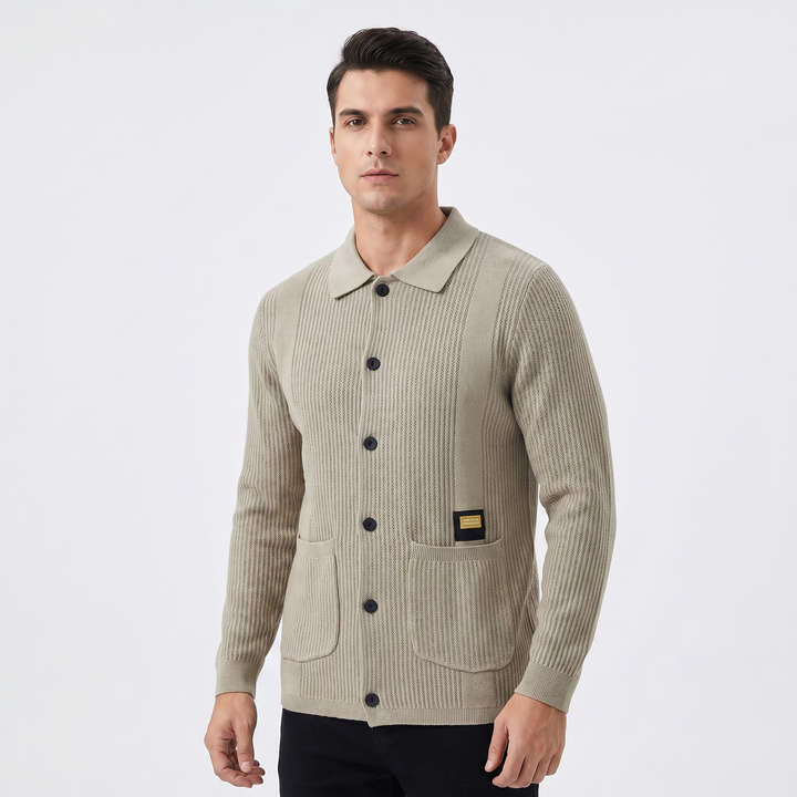 Men's Knit Cardigan Jacket Collared Button Front Textured Sweater Casual Layer