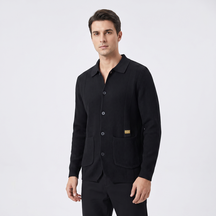 Men's Knit Cardigan Jacket Collared Button Front Textured Sweater Casual Layer