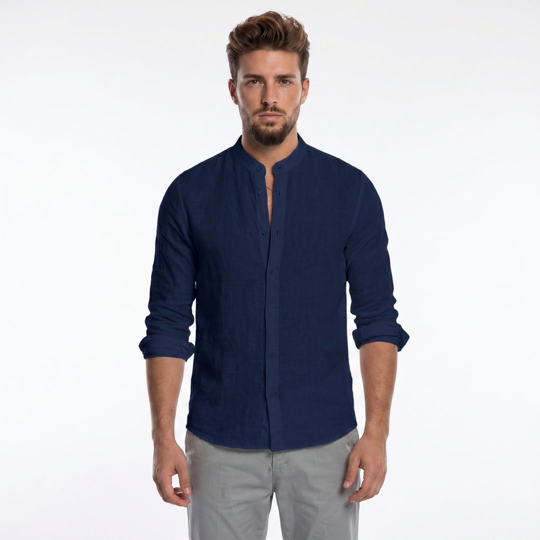 Men's Linen Band Collar Shirt Long Sleeve Button-Down Slim Fit Casual Summer