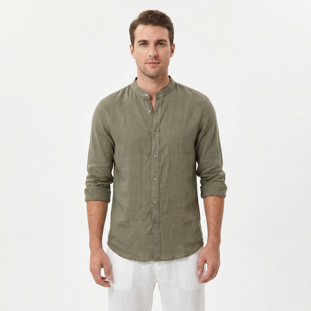 Men's Linen Band Collar Shirt Long Sleeve Button-Down Slim Fit Casual Summer