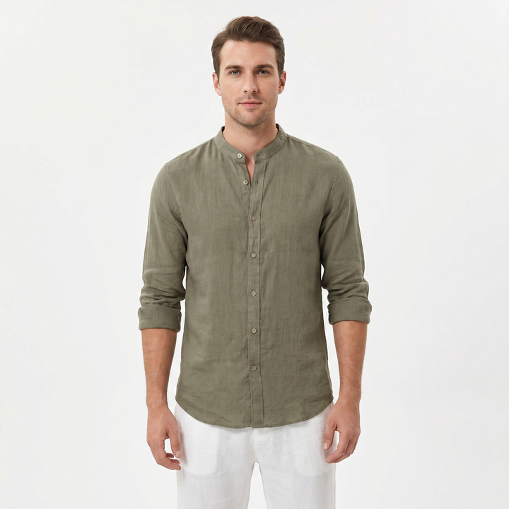 Men's Linen Band Collar Shirt Long Sleeve Button-Down Slim Fit Casual Summer