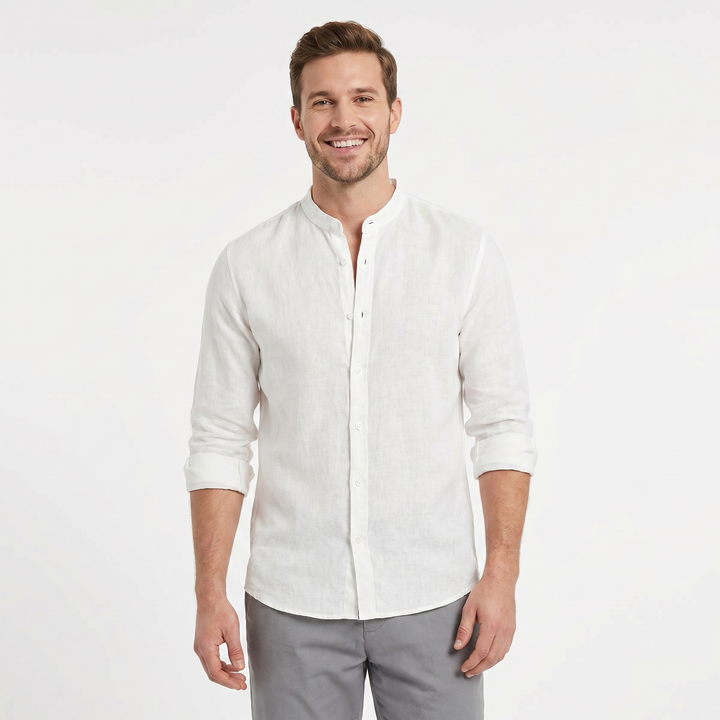 Men's Linen Band Collar Shirt Long Sleeve Button-Down Slim Fit Casual Summer