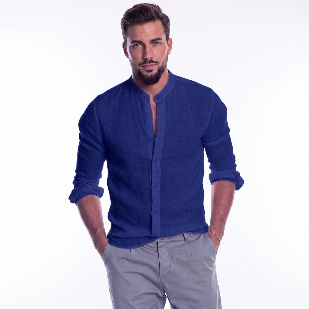 Men's Linen Band Collar Shirt Long Sleeve Button-Down Slim Fit Casual Summer