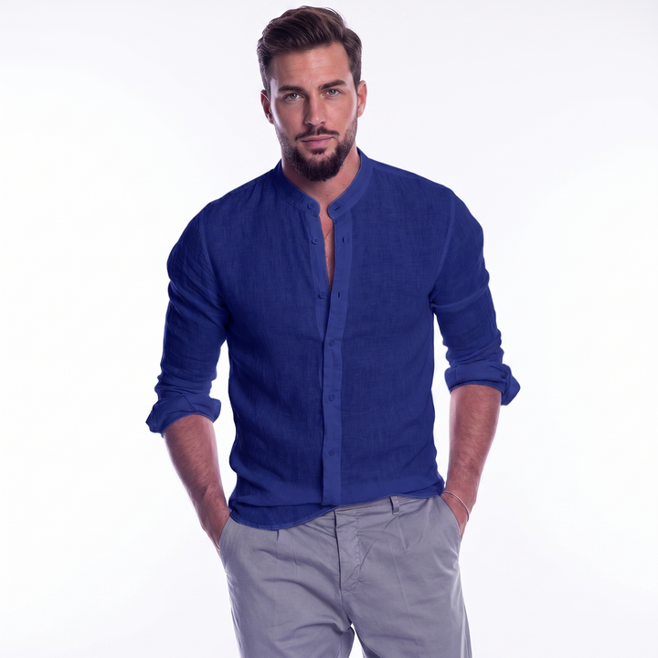 Men's Linen Band Collar Shirt Long Sleeve Button-Down Slim Fit Casual Summer