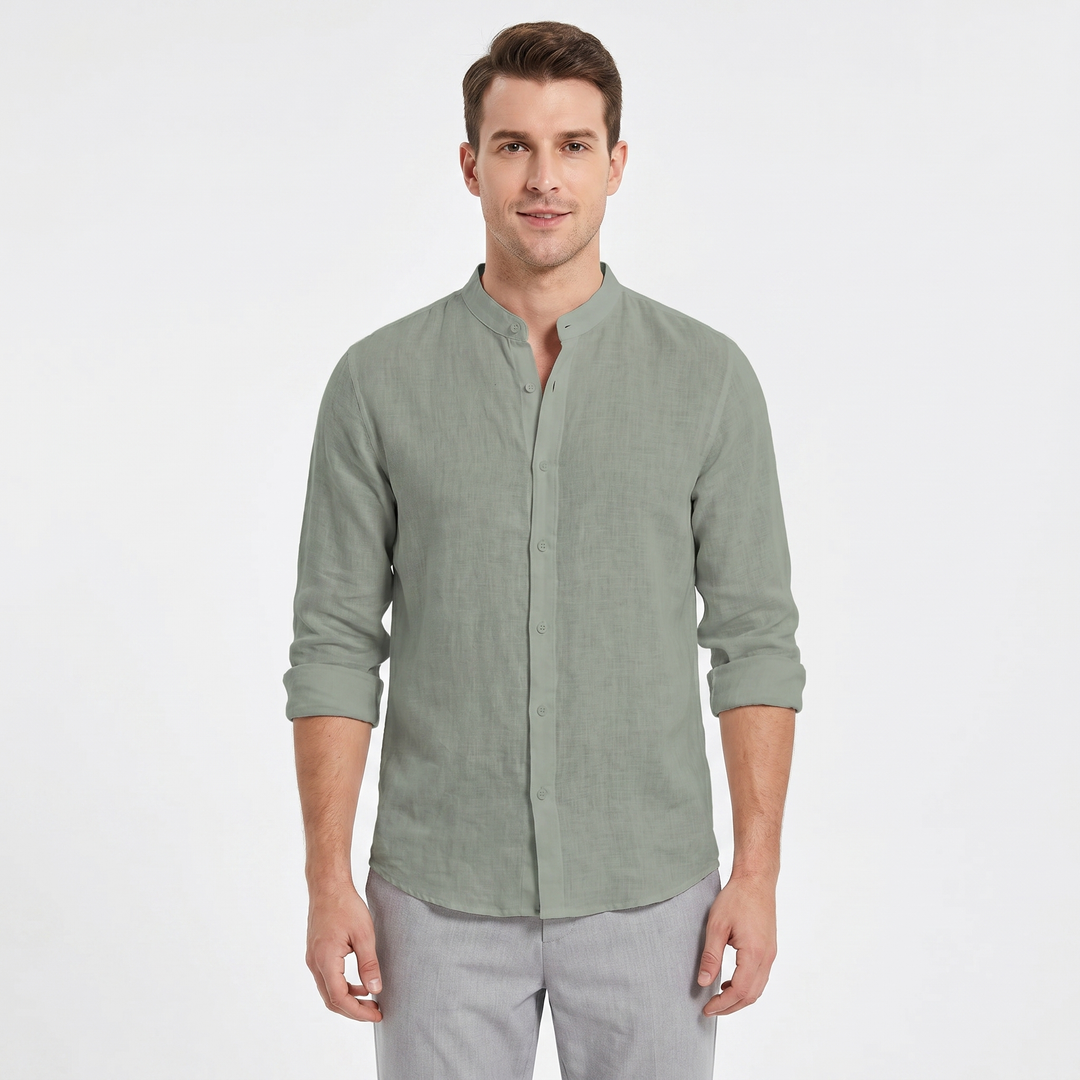 Men's Linen Band Collar Shirt Long Sleeve Button-Down Slim Fit Casual Summer