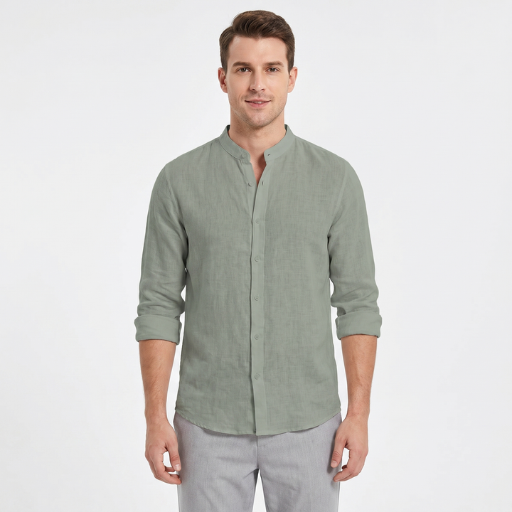 Men's Linen Band Collar Shirt Long Sleeve Button-Down Slim Fit Casual Summer