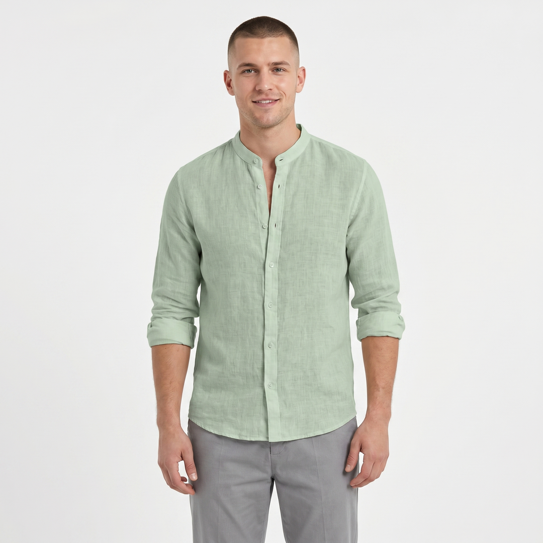 Men's Linen Band Collar Shirt Long Sleeve Button-Down Slim Fit Casual Summer