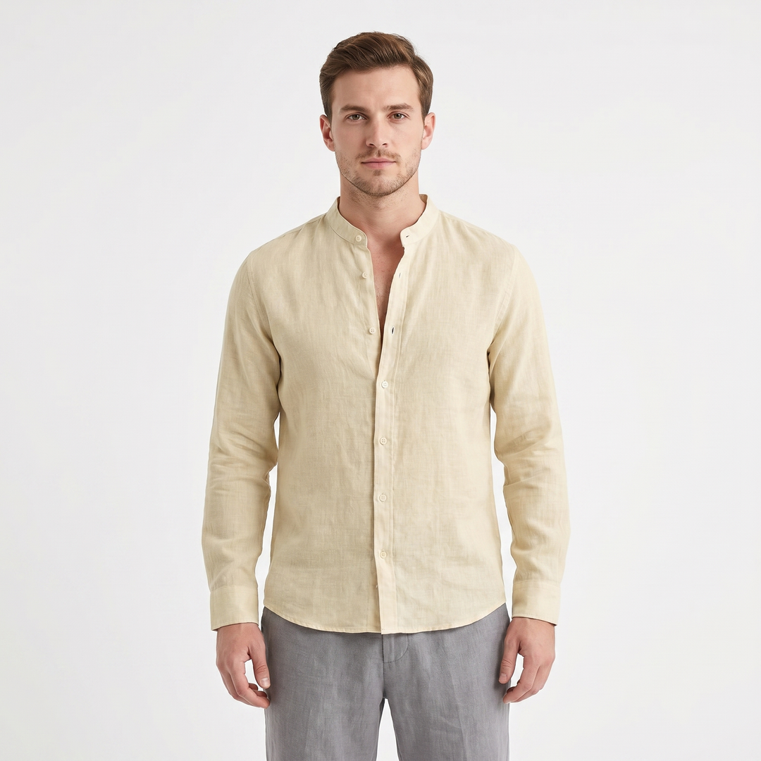 Men's Linen Band Collar Shirt Long Sleeve Button-Down Slim Fit Casual Summer