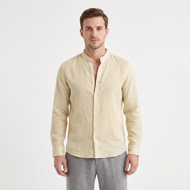 Men's Linen Band Collar Shirt Long Sleeve Button-Down Slim Fit Casual Summer