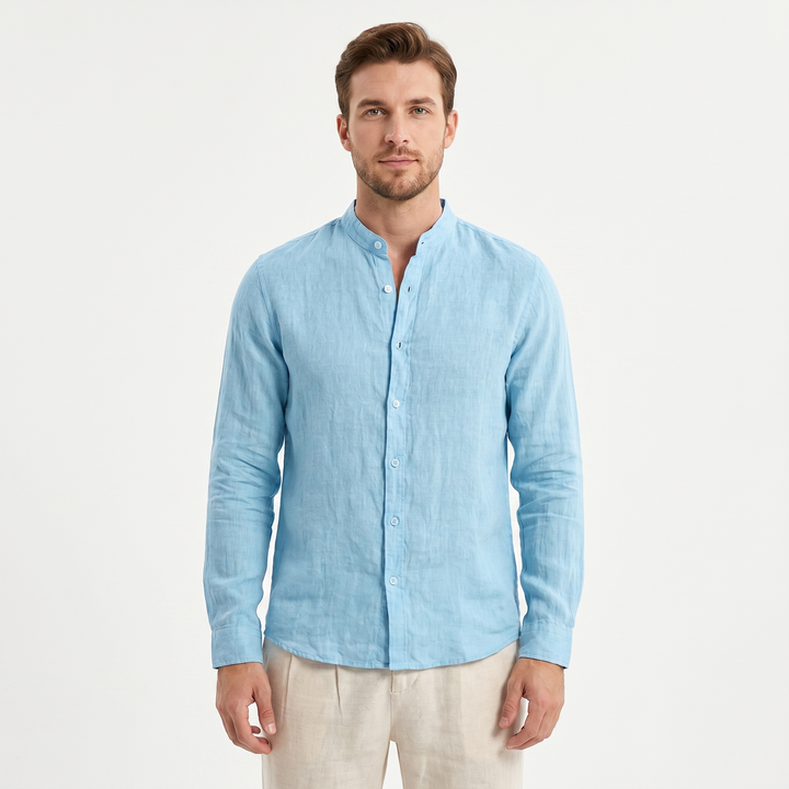 Men's Linen Band Collar Shirt Long Sleeve Button-Down Slim Fit Casual Summer