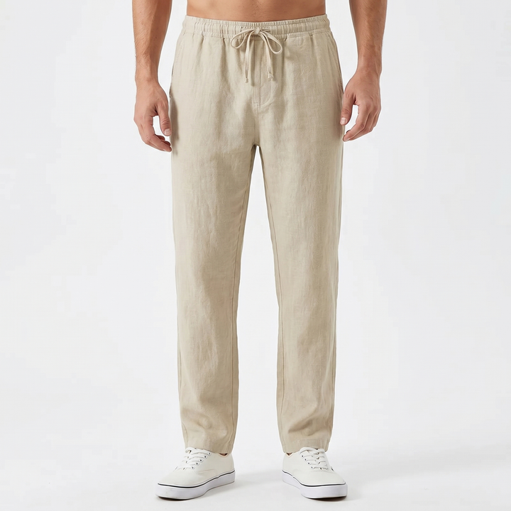 Men's Linen Drawstring Trousers Slim Tapered Fit Elastic Waist Casual Summer