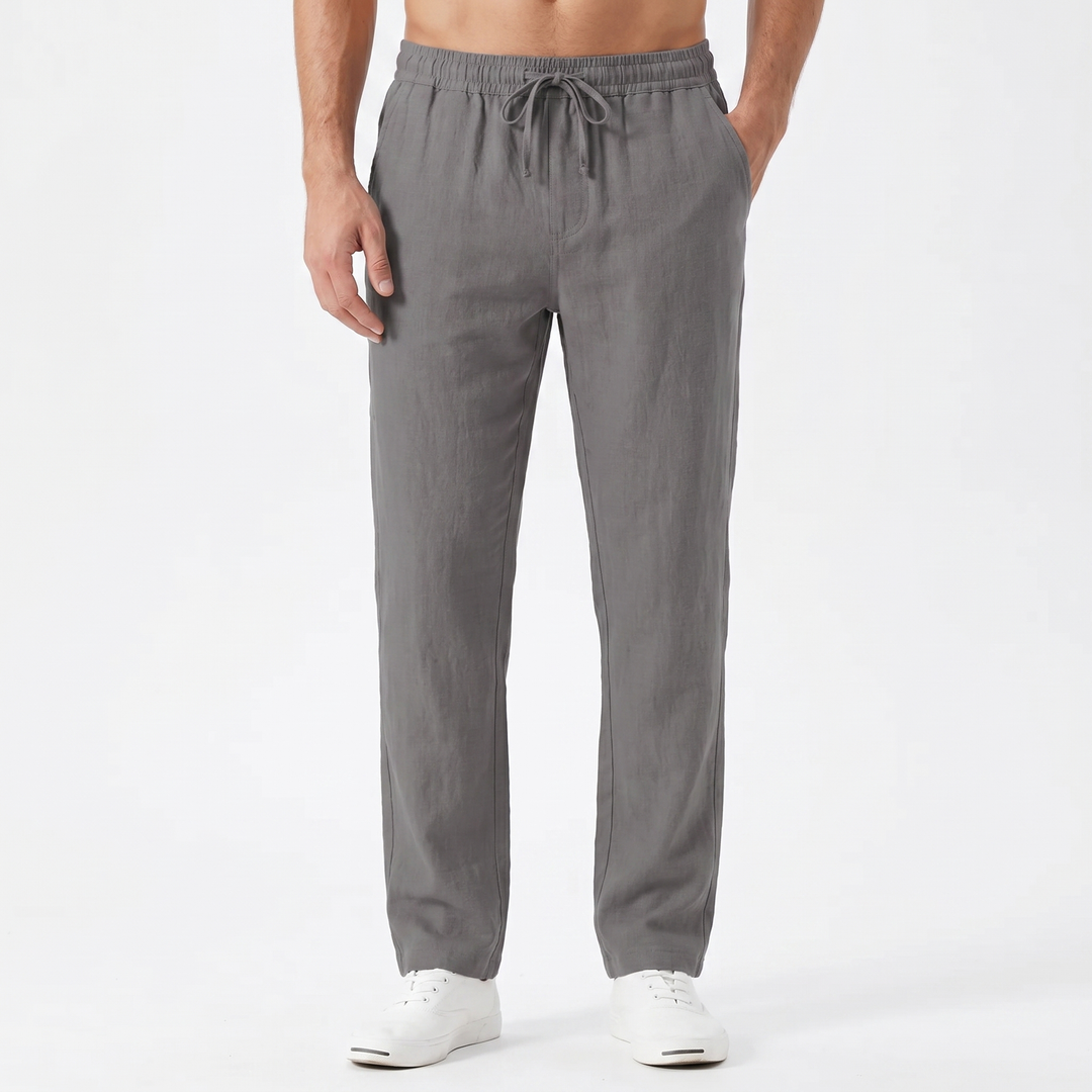 Men's Linen Drawstring Trousers Slim Tapered Fit Elastic Waist Casual Summer