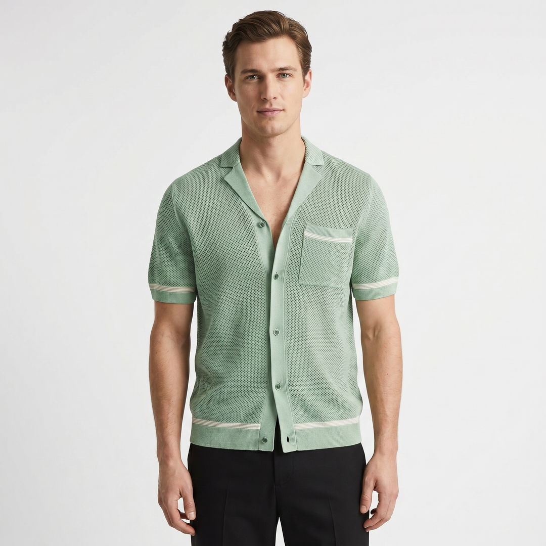 Men's Open Knit Button-Down Shirt Short Sleeve Cuban Collar Slim Fit Summer