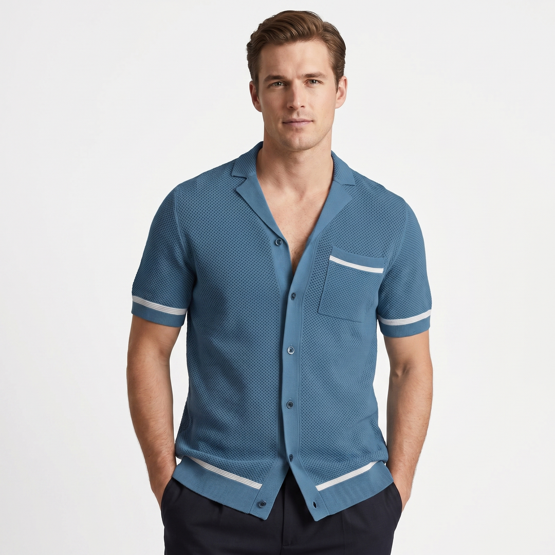 Men's Open Knit Button-Down Shirt Short Sleeve Cuban Collar Slim Fit Summer