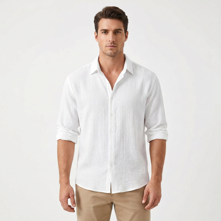 Men's Textured Cotton Long Sleeve Shirt Button-Down Relaxed Fit Casual Summer