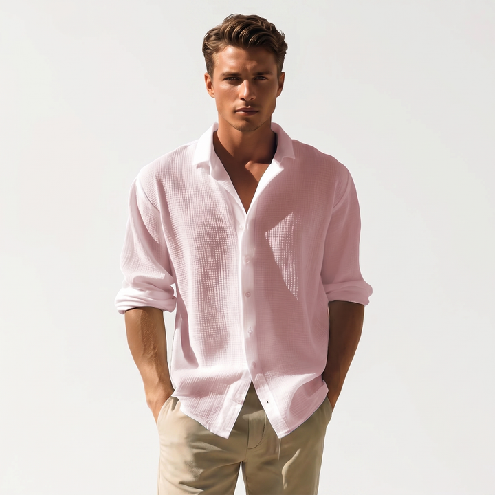 Men's Textured Cotton Long Sleeve Shirt Button-Down Relaxed Fit Casual Summer