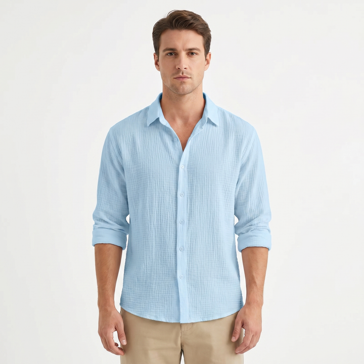 Men's Textured Cotton Long Sleeve Shirt Button-Down Relaxed Fit Casual Summer
