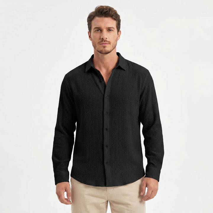 Men's Textured Cotton Long Sleeve Shirt Button-Down Relaxed Fit Casual Summer