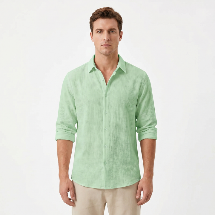 Men's Textured Cotton Long Sleeve Shirt Button-Down Relaxed Fit Casual Summer