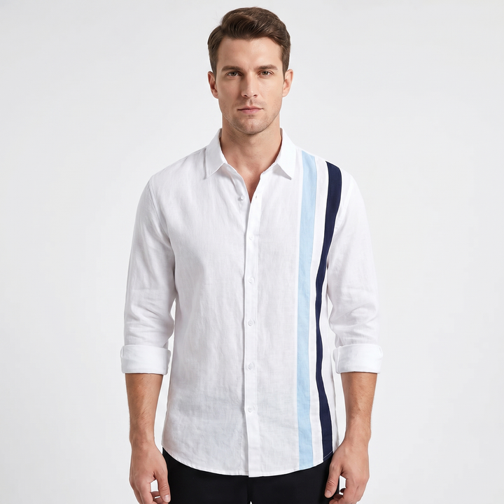 Men's Linen Stripe Panel Long Sleeve Shirt Button-Down Relaxed Fit Casual