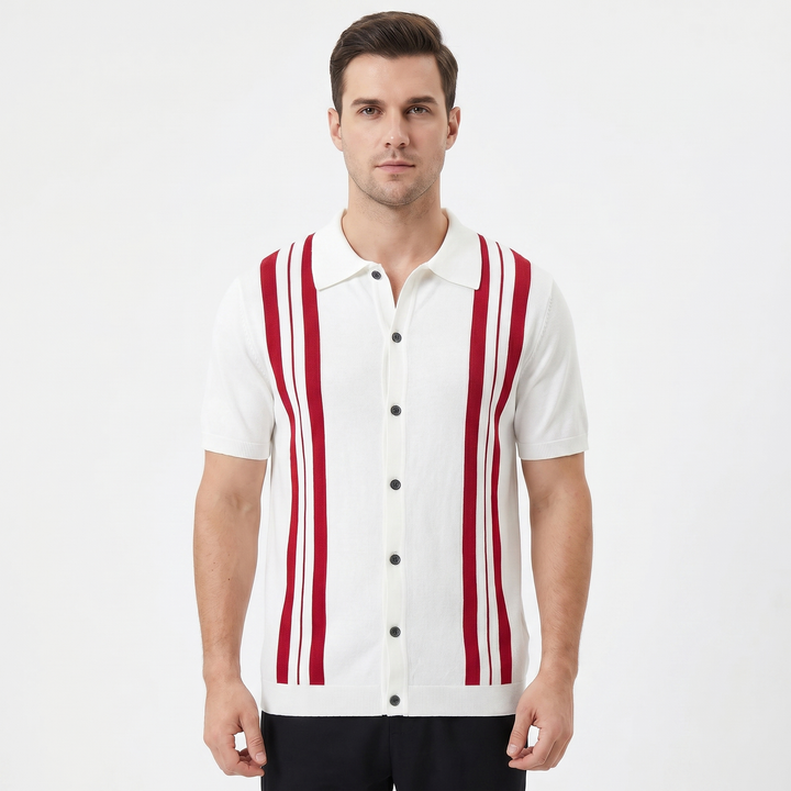 Men's Stripe Knit Polo Shirt Short Sleeve Button-Down Slim Fit Casual Summer