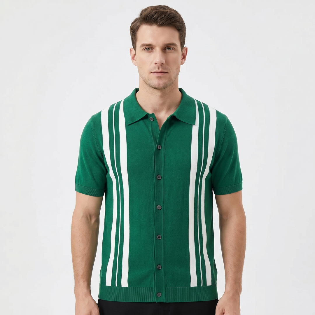 Men's Stripe Knit Polo Shirt Short Sleeve Button-Down Slim Fit Casual Summer